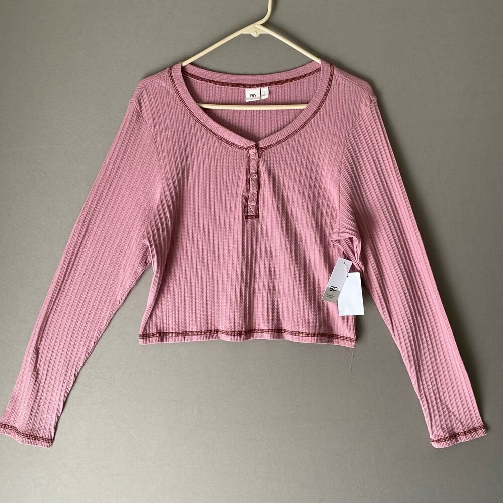 BP Cotton Ribbed Relaxed Bella Swan Henley Crop Top Large Pink Mauve